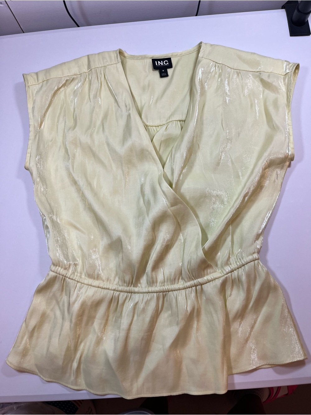 INC International Concepts Gold Metallic Wrap Peplum Blouse Top Size M